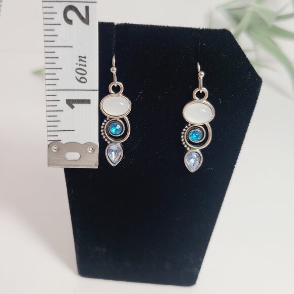 Silver Tone Drop Earrings with White, Aqua & Teal Stones - Picture 4 of 5